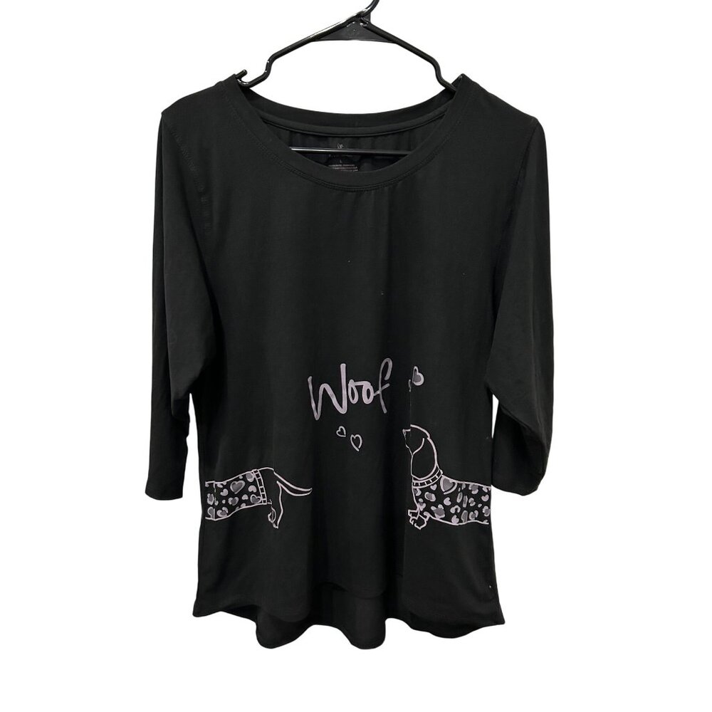 Love Affair Womens Woof Black 3/4 Sleeve Pajama Top L